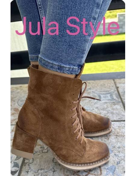 Botki brązowe rude burbon skóra zamsz obcas klocek Exquisite 1287 Julastyle