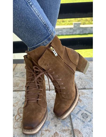 Botki brązowe rude burbon skóra zamsz obcas klocek Exquisite 1287 Julastyle