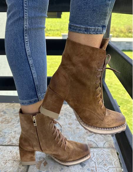 Botki brązowe rude burbon skóra zamsz obcas klocek Exquisite 1287 Julastyle