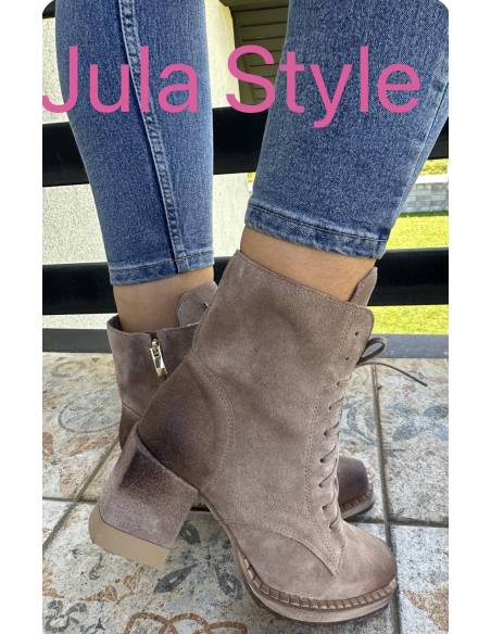 Botki ciemny beż taupe skóra zamsz obcas klocek Exquisite 1287 julastyle