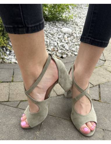 Sandałki damskie mięta oliwkowe obcas klocek...