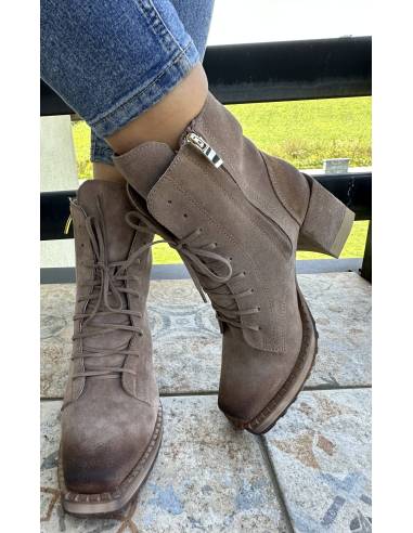 Botki ciemny beż taupe skóra zamsz obcas klocek...