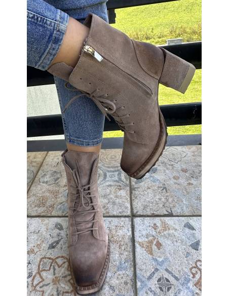 Botki ciemny beż taupe skóra zamsz obcas klocek Exquisite 1287 julastyle