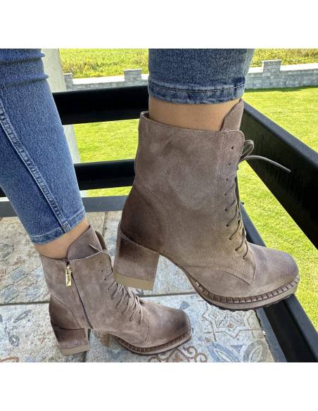 Botki ciemny beż taupe skóra zamsz obcas klocek Exquisite 1287 julastyle