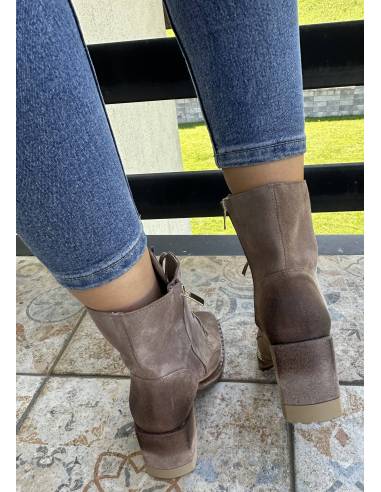 Botki ciemny beż taupe skóra zamsz obcas klocek...