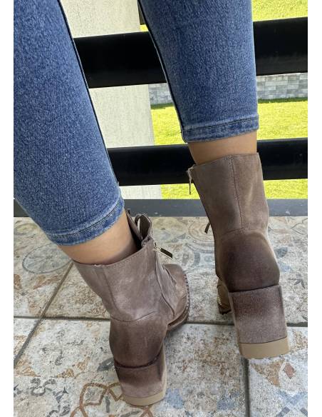 Botki ciemny beż taupe skóra zamsz obcas klocek Exquisite 1287 julastyle