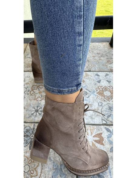 Botki ciemny beż taupe skóra zamsz obcas klocek Exquisite 1287 julastyle