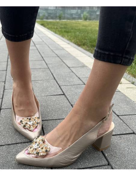 Czółenka złote przeźroczyste obcas klocek ozdoba kryształy Laura Messi 2873