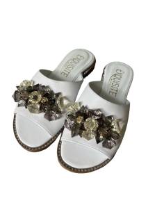 Klapki białe skóra płaska podeszwa ozdoba kamyczki... 2