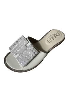 Klapki ecru kremowe skóra płaskie kokarda cyrkonie... 2