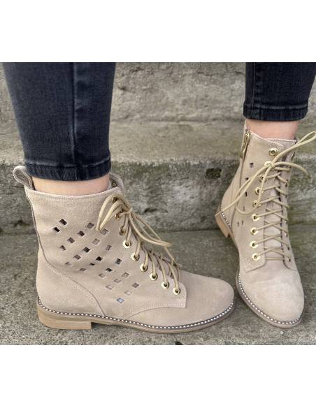 Botki beżowe skóra zamsz ażurowe nude złote napy nowość hit Di Primo 1191