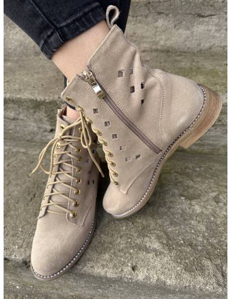 Botki beżowe skóra zamsz ażurowe nude złote napy nowość hit Di Primo 1191