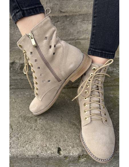 Botki beżowe skóra zamsz ażurowe nude złote napy nowość hit Di Primo 1191