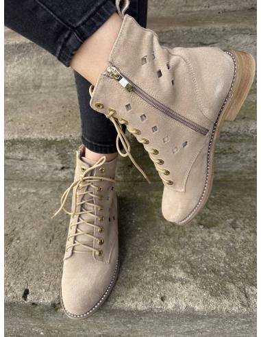 Botki beżowe skóra zamsz ażurowe nude złote...