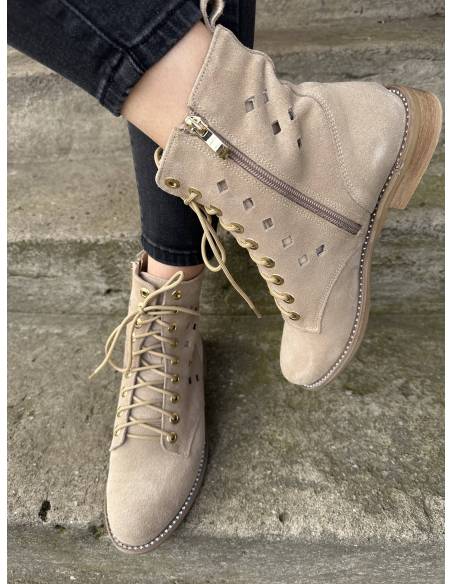 Botki beżowe skóra zamsz ażurowe nude złote napy nowość hit Di Primo 1191