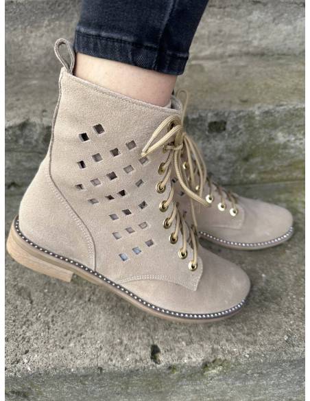 Botki beżowe skóra zamsz ażurowe nude złote napy nowość hit Di Primo 1191