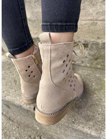 Botki beżowe skóra zamsz ażurowe nude złote napy nowość hit Di Primo 1191