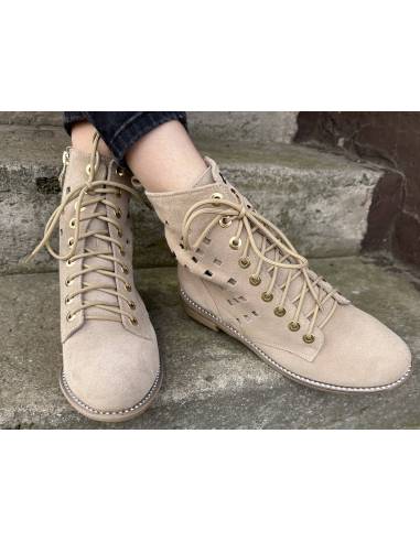 Botki beżowe skóra zamsz ażurowe nude złote...