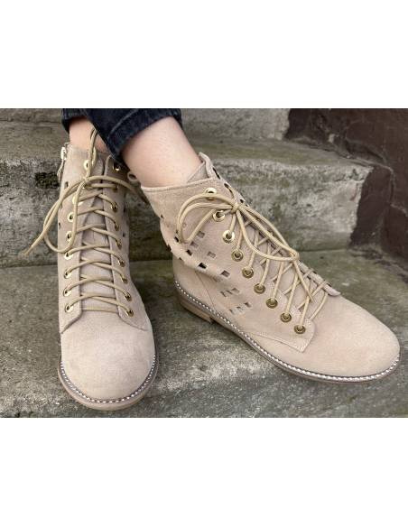 Botki beżowe skóra zamsz ażurowe nude złote napy nowość hit Di Primo 1191