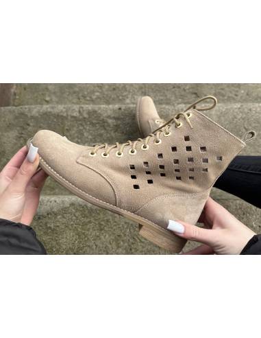 Botki beżowe skóra zamsz ażurowe nude złote...