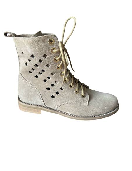 Botki beżowe skóra zamsz ażurowe nude złote napy nowość hit Di Primo 1191