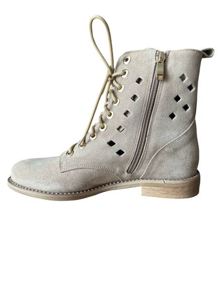 Botki beżowe skóra zamsz ażurowe nude złote napy nowość hit Di Primo 1191