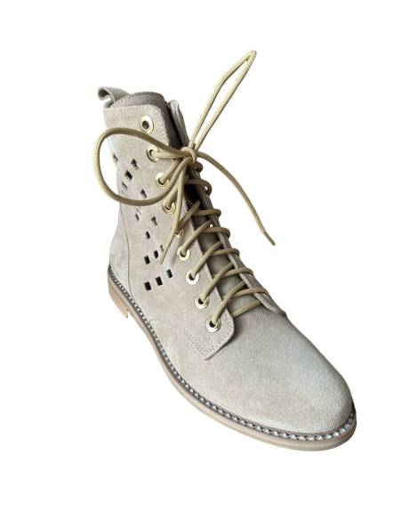 Botki beżowe skóra zamsz ażurowe nude złote napy nowość hit Di Primo 1191