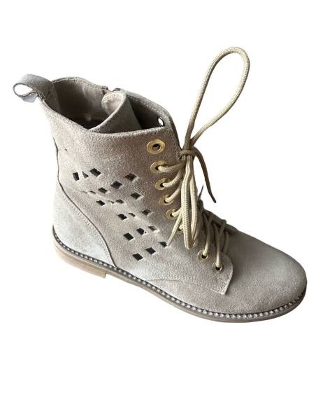 Botki beżowe skóra zamsz ażurowe nude złote napy nowość hit Di Primo 1191