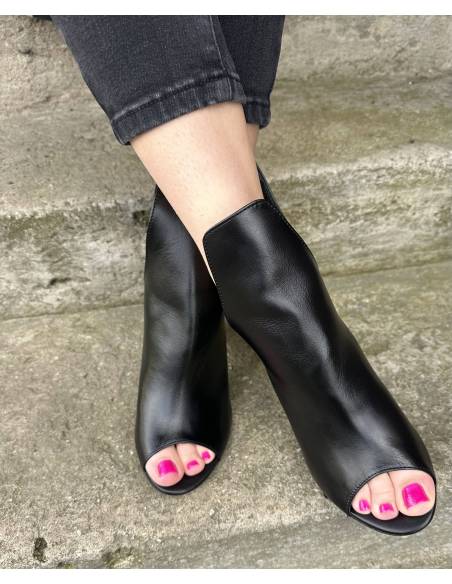 Botki bez palców wycięte czarne na słupku skóra eleganckie Di Primo 300 hit