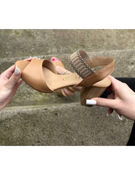 Sandałki damskie brązowe karmel obcas klocek na wesele imprezę DiPrimo N168