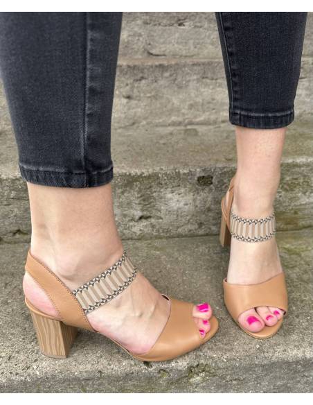 Sandałki damskie brązowe karmel obcas klocek na wesele imprezę DiPrimo N168