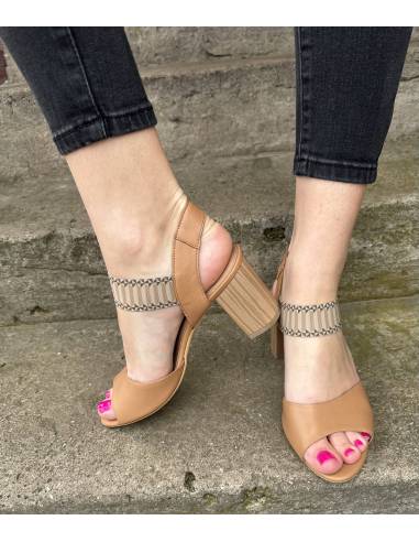 Sandałki damskie brązowe karmel obcas klocek na...