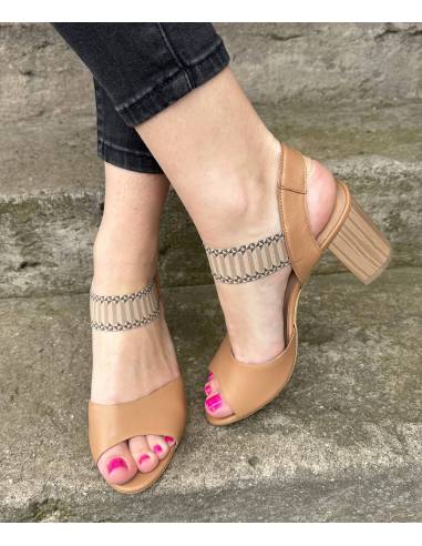 Sandałki damskie brązowe karmel obcas klocek na...