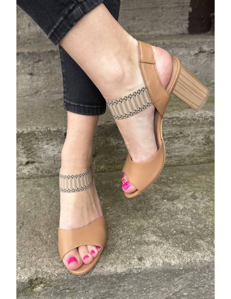 Sandałki damskie brązowe karmel obcas klocek na wesele imprezę DiPrimo N168