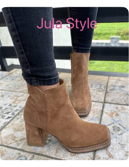 Botki rude koniak brąz skóra zamsz obcas klocek Exquisite 1476 julastyle
