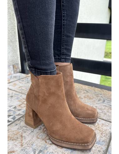 Botki rude koniak brąz skóra zamsz obcas klocek...
