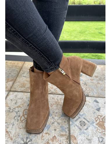 Botki rude koniak brąz skóra zamsz obcas klocek...