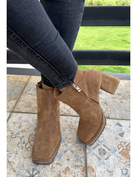 Botki rude koniak brąz skóra zamsz obcas klocek Exquisite 1476 julastyle