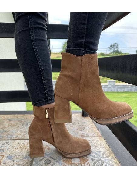 Botki rude koniak brąz skóra zamsz obcas klocek Exquisite 1476 julastyle