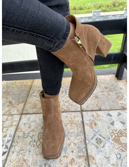 Botki rude koniak brąz skóra zamsz obcas klocek Exquisite 1476 julastyle