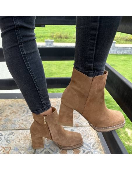 Botki rude koniak brąz skóra zamsz obcas klocek Exquisite 1476 julastyle