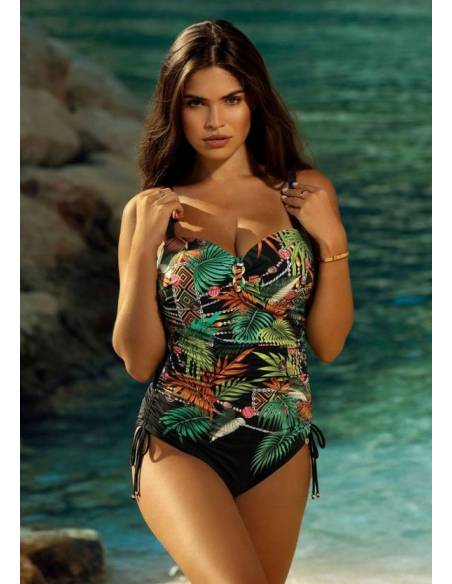 Strój kąpielowy jednoczęściowy czarny wzór liście Self Tahiti7 Luxury