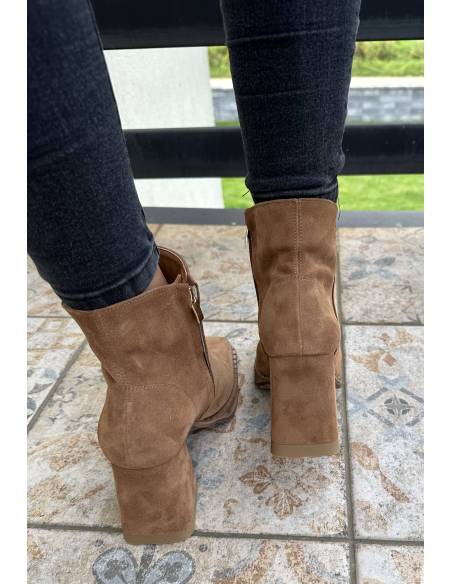 Botki rude koniak brąz skóra zamsz obcas klocek Exquisite 1476 julastyle