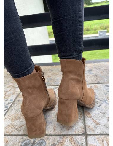 Botki rude koniak brąz skóra zamsz obcas klocek...