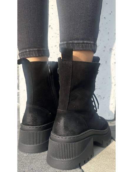 Botki sznurowane czarne zamsz trapery ocieplane skóra naturalna zamek Z1071