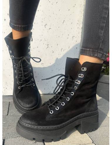 Botki sznurowane czarne zamsz trapery ocieplane...