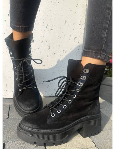 Botki sznurowane czarne zamsz trapery ocieplane skóra naturalna zamek Z1071