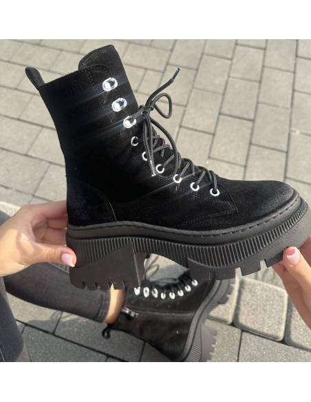 Botki sznurowane czarne zamsz trapery ocieplane skóra naturalna zamek Z1071