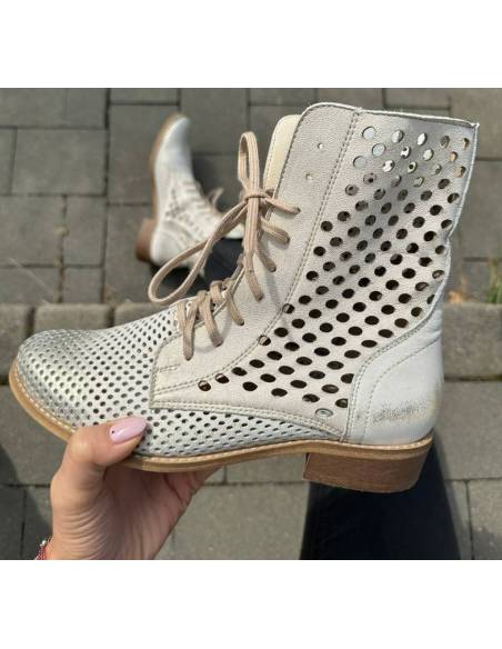 Botki damskie ażurowe białe płaska podeszwa złote Exquisite 1253 Jula Style