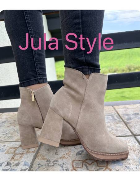 Botki beż skóra naturalna zamsz obcas klocek Exquisite 1476 julastyle